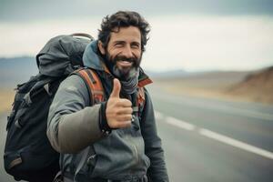 Adult man holding hitchhiking thumb up. Generative AI photo