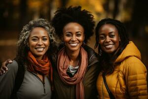 Happy multiracial senior women having fun in the park. Generative Ai photo