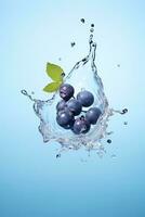 Water splashing on blueberry over blu background. Generative Ai photo