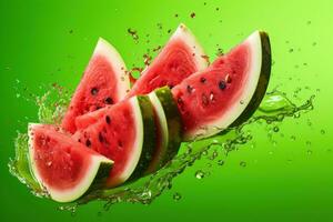 Water splash on slices of watermelon over green background. Generative Ai photo