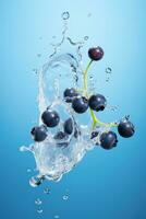 Water splashing on blueberry over blu background. Generative Ai photo