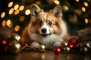 Dog exploring and interacting with Christmas decorations in amusing ways, bringing joy and laughter to the holiday season. Generative Ai photo