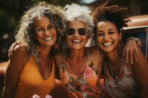 Happy multiracial senior women having fun in the park. Generative Ai photo