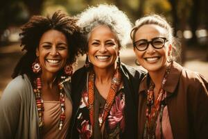 Happy multiracial senior women having fun in the park. Generative Ai photo