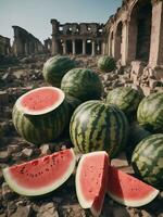 Giant watermelons are scattered around the ruins of buildings left over from the war photo