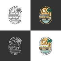 beach and campervan badge monoline or line art style vector illustration