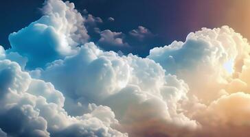 Fluffy soft clouds. Beautiful cloudy sky. Dream cloud of heaven. Nature background or backdrop. AI generative photo
