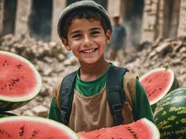 Palestinian children carry watermelons as a symbol of freedom photo
