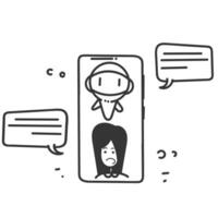 hand drawn doodle person talk with chat bot on mobile phone vector