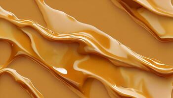 Delicious melted caramel texture. Flow, wave and drops splash caramels sauce. Sweet food design background. AI generative. photo