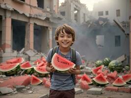 A child shows the world a slice of watermelon as a symbol of Palestinian resistance photo