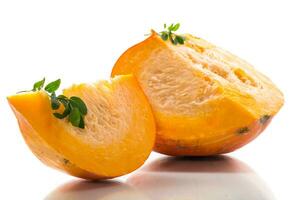 A piece of ripe orange pumpkin with seeds on a white background. photo