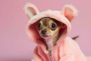 atractivo de moda perro en un rosado túnica. neural red ai generado foto