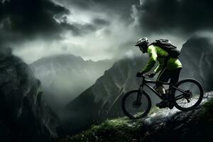 Mountain Bike cyclist riding single track. Neural network AI generated photo