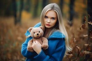 Portrait of girl hugging cute toy bear, dreaming, enjoying present. Neural network AI generated photo