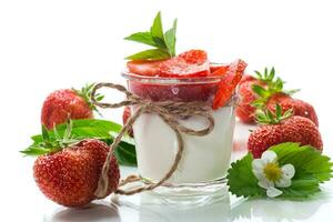 sweet homemade yogurt with strawberry jam and fresh strawberries in a glass cup photo