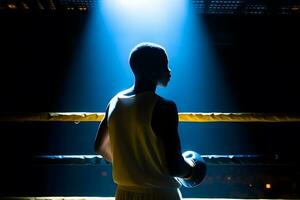 Boxer campeón disfrutando su victoria en luces y en pie espalda a el cámara. neural red ai generado foto