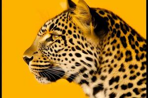 leopardo en un amarillo antecedentes. neural red ai generado foto