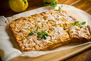 prepared curd semolina pie with quince inside and covered with powdered sugar . photo