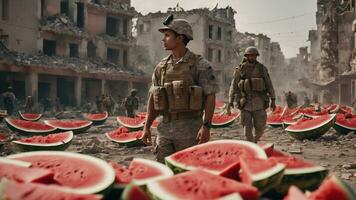 Palestinian soldiers see many watermelons as symbols of resistance photo