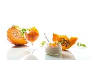 Homemade yogurt with pieces of pumpkin marmalade. photo
