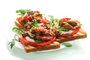 Prepared sandwich with tomatoes, mozzarella and fried eggplant with mushrooms. photo