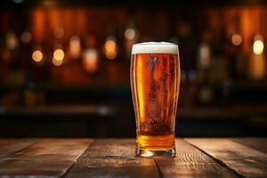 A glass of beer, template, mockup of an alcoholic beverage standing on a wooden table on the background of a beerhouse. Suitable for pub or bar menu design. photo