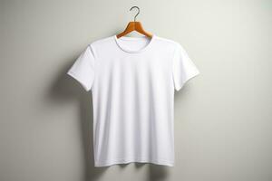 White men's t-shirt mockup template hanging on a hanger on a light neutral background suitable for designers and print shopes. photo