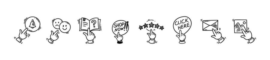 Doodle click icons set. Hand finger cursor pointer. Enable notifications. Customer five star rating and testimonials. Shop now and click here buttons. Subscribe to newsletter. Follow social media. vector