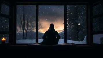 hombres meditar en frente de su ventanas cuando eso nieva a noche foto