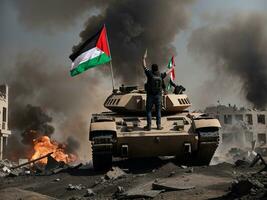 un joven hombre quien liberado Palestina logrado en conquistador un tanque foto