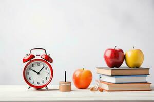 alarma reloj, libros y manzanas en de madera mesa. espalda a colegio concepto, naranja alarma reloj con rojo manzana y colegio equipo. espalda a colegio concepto en blanco antecedentes , ai generado foto