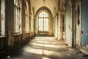 Interior of an old abandoned building with a window in the foreground, Old empty corridor. Vintage abandoned building with window, AI Generated photo