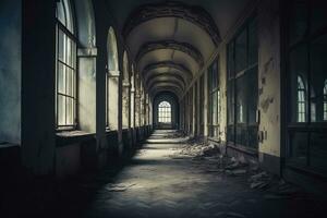 Dark corridor with old windows in abandoned building. 3d rendering, Old empty corridor. Vintage abandoned building with window, AI Generated photo