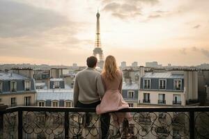 romántico Pareja en París mirando a eiffel torre a atardecer, una vez en París. Pareja posterior ver en el techo en contra el eiffel torre, ai generado foto