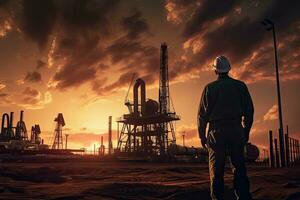 Oil and gas industry. Worker in the oilfield at sunset, Oil rig worker at sunset, AI Generated photo