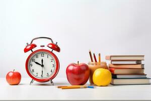 espalda a colegio concepto. alarma reloj, libros, manzana y lapices en blanco fondo, naranja alarma reloj con rojo manzana y colegio equipo. espalda a colegio concepto en blanco antecedentes , ai generado foto