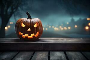 Halloween pumpkin on wooden table with foggy background. 3D Rendering, One spooky halloween pumpkin, Jack O Lantern, with an evil face and eyes on a wooden bench, AI Generated photo