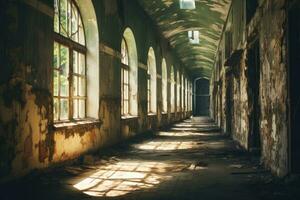 Interior of an abandoned factory building with sunlight coming through the windows, Old empty corridor. Vintage abandoned building with window, AI Generated photo