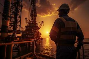 Oil and gas industry worker working onshore construction platform at sunset, Oil rig worker at sunset, AI Generated photo