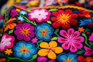 vistoso bordado en un tradicional artesanía, cerca arriba, vistoso bordado decorativo textil desde otavalo ciudad a el artesanos mercado, ai generado foto