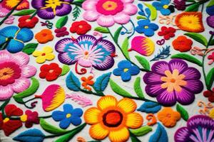 vistoso flor modelo en el tela antecedentes. hecho a mano. selectivo enfocar, vistoso bordado decorativo textil desde otavalo ciudad a el artesanos mercado, ai generado foto