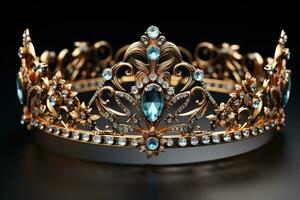 Elegant golden crown with blue precious stones on a dark background. Generated by artificial intelligence photo