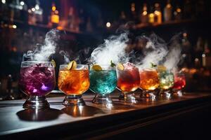 Set of cocktails with colorful smoke in a glass in the light on the bar counter. Blurred pub background. Generated by artificial intelligence photo