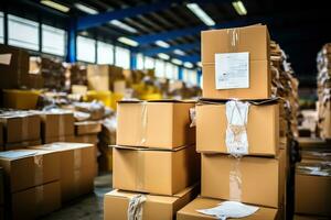 Large warehouse with piles of cardboard boxes and papers. Waste paper collection, garbage recycling concept. Generated by artificial intelligence photo