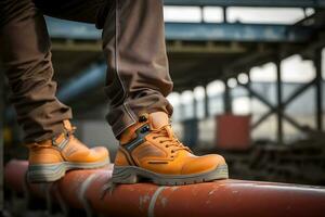 Close-up safety working shoe on a worker feet is standing at the factory. Neural network AI generated photo