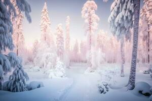 Pine trees covered with snow on frosty evening. Beautiful winter panorama. Neural network AI generated photo
