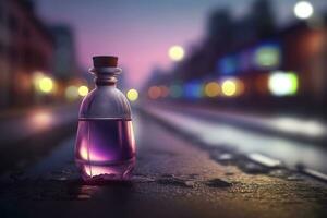 Perfume bottle against the backdrop of night city lights. Neural network generated art photo