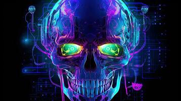 neon cyber skull, digital art illustration, Generative AI photo