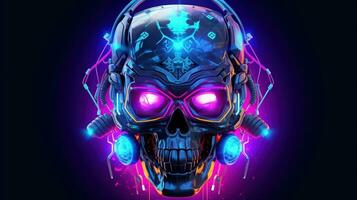 neon cyber skull, digital art illustration, Generative AI photo